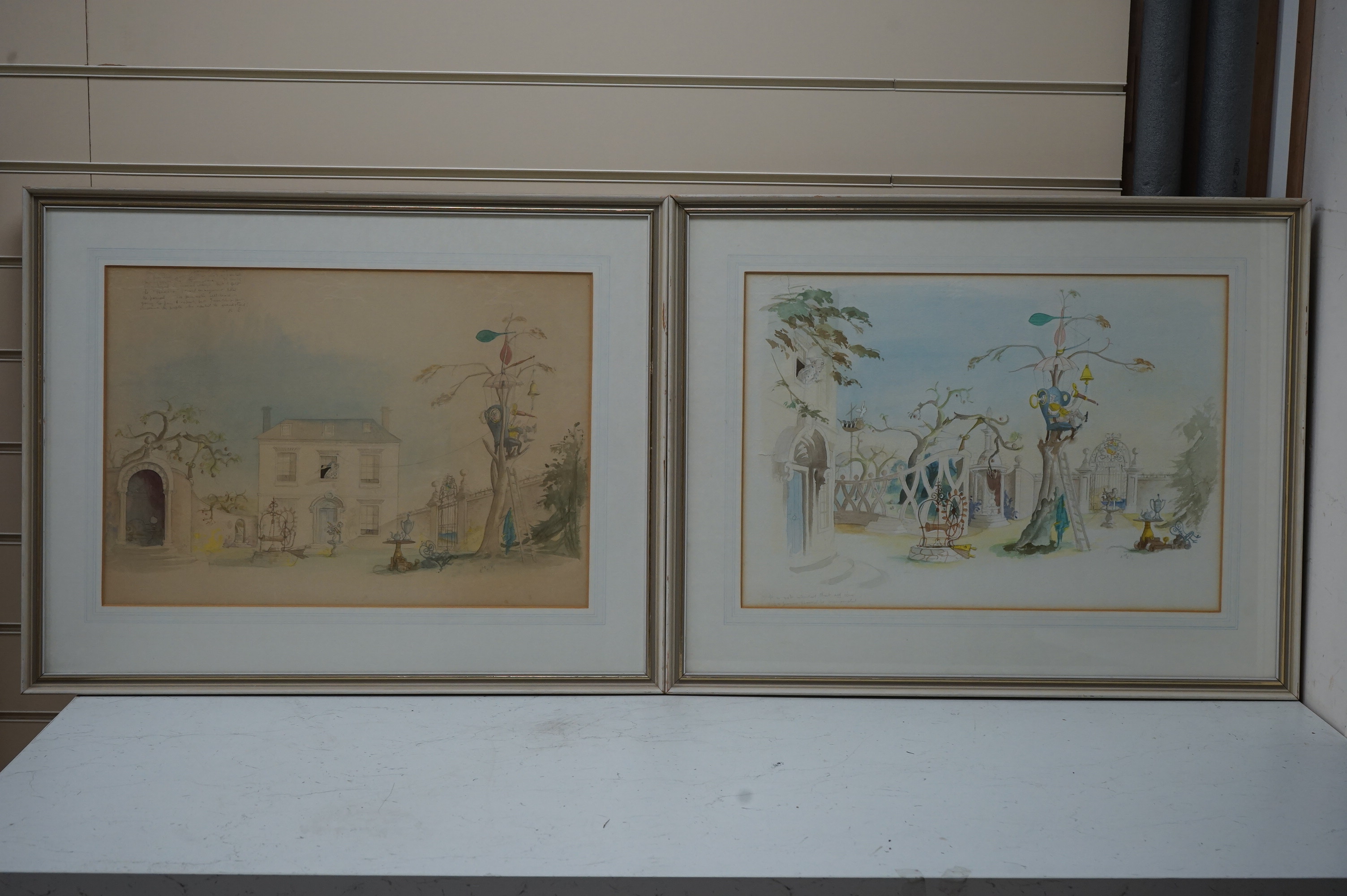 Rowland Emett (Cartoonist, 1906–1990), pair of pencil and watercolours, Surreal garden views, each signed and inscribed in pencil, 35 x 50cm. Condition - faded